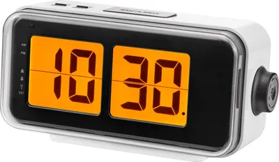 A digital alarm clock with a retro design.