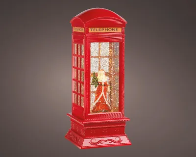 Produktbild von Weihnachts-Wasserspinner-Telefonzelle mit Weihnachtsmann - 27 cm - Mit LED-Licht