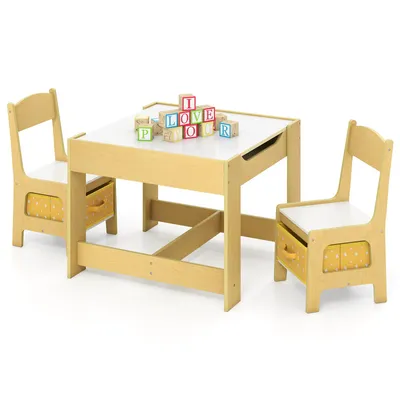 Produktbild von COSTWAY 3 TLG. Kindersitzgruppe, Kindertisch mit 2 Stühlen, Maltisch, Aktivitätstisch, Tafeltisch, Kindermöbel für Kleinkinder von 3-7 Jahren, Gelb