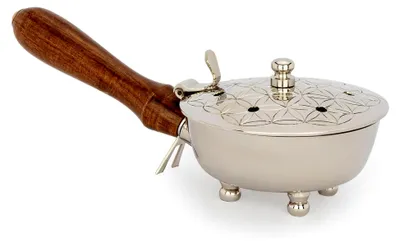 Produktbild von Räucherpfanne mit Holzgriff Blume d.Lebens, Messing Silber 20x9x7cm Räuchergefäß 14653