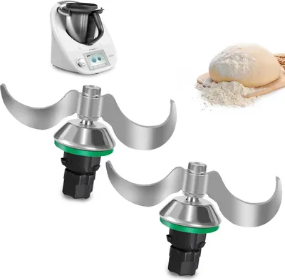 A collage of a food processor, two mixing blades, and a ball of dough with flour.