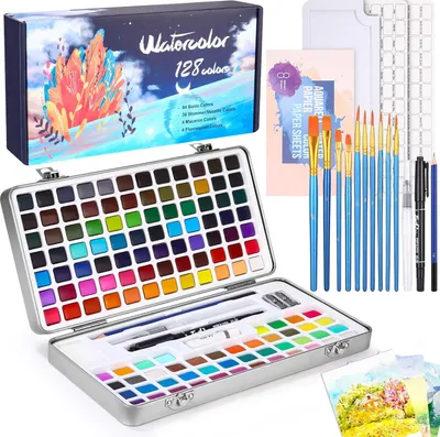 Zdjęcie produktu dla Zestaw farlowych - 128 kolorów - przenośne pudełko - pędzle - papier akwarelowy - podróż - akwarele - artyści - malarze hobbystyczni - entuzjaści malarstwa