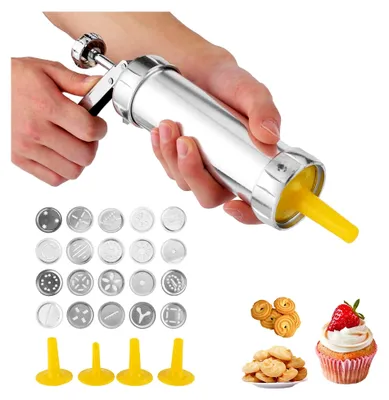 Produktbild von Gebäckpresse für Spritzgebäck, Edelstahl Spritzgebäck Presse mit 20 Schablonen und 4 Tüllen Kekspresse Plätzchenpresse für Herstellung von Keksen und Kuchendekoration