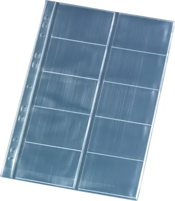 A clear product shot of a plastic sheet protector with multiple pockets, angled on a white background.