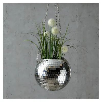 Produktbild von Blumenampel Discokugel mit Spiegelkacheln, hängender Blumentopf, 20cm, Silber