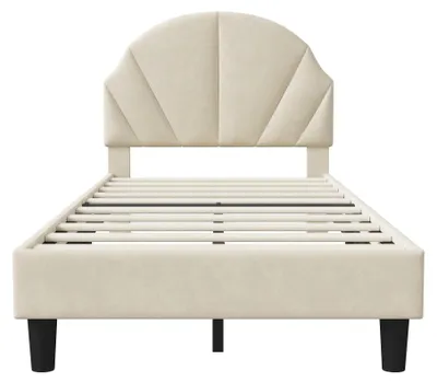 Image de Lit bébé - Lit rembourré 90x190 cm - Lit simple avec sommier à lattes - Repose-tête - Velours - Structure en bois - Beige