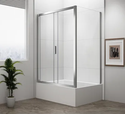 A modern bathroom with a rectangular shower enclosure over a bathtub.