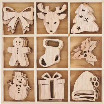 Produktbild von VBS Streuteile Snowy in Holzbox, L ca. 3,5 cm 36 Stück Sperrholz Streudekoration