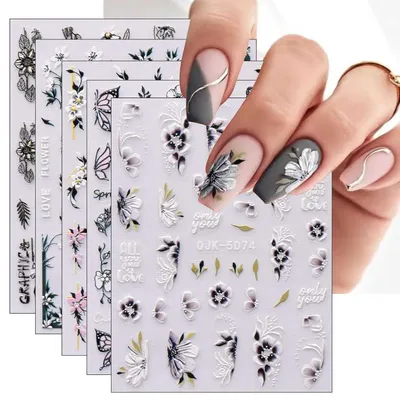 Immagine prodotto di 6 fogli di adesivi 3D per unghie, con motivi di fiori primaverili, ideali per la nail art. Adesivi autoadesivi, effetto 5D, con decorazioni floreali colorate per l'estate