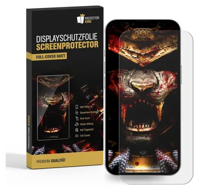 A product shot of a screen protector box and a smartphone with the screen protector applied.