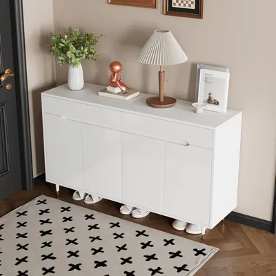 Image de OKWISH Meuble à Chaussures Moderne avec 2 Tiroirs et Étagères Réglables, Armoire de Rangement Élégante pour Entrée - 140x39x84 cm, Blanc et Or