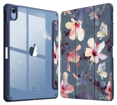 Produktbild von Fintie Hybrid Hülle für iPad (A16) 11 Generation 11 Zoll 2025, iPad 10 Generation 10.9 Zoll 2022 mit Stifthalter - Stoßfeste Schutzhülle mit transparenter Hartschale auf der Rückseite, Hibiskus
