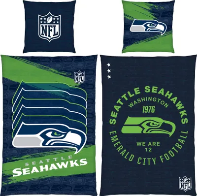 A collage of four images showing different designs of Seattle Seahawks bedding, including the NFL logo and team branding.