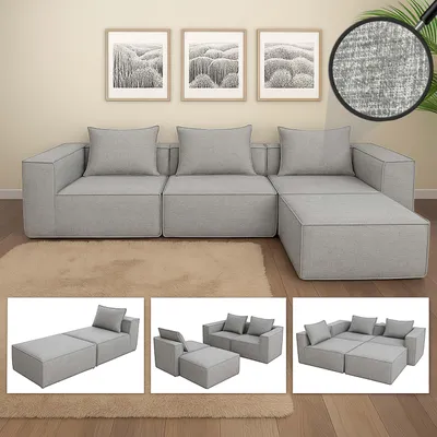 Produktbild von L-Sofa MCW-O54, Lounge-Couch mit Ottomane, erweiterbar modular rechts/links, Stoff/Textil 63x270x190cm  hellgrau