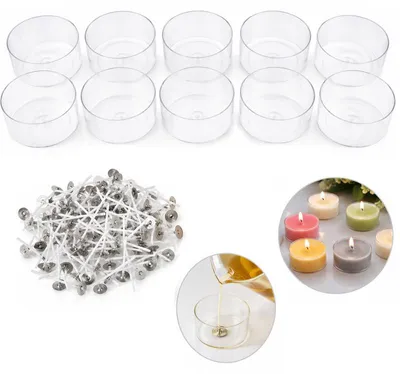 Produktbild von DIY Kerzen-Set 110-teilig, 100 Kerzendochte mit 10 Metall-Dochtplättchen & 10 transparenten Kerzenbehältern, für Kerzen selber machen