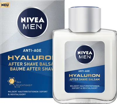 Produktbild von NIVEA Men Anti-Age Hyaluron After Shave Balsam 100 ml, After-Shave-Balsam, Universal, 100 ml, Anti-Aging, Anti-Falten, Feuchtigkeitsspendend, Auffrischend, Hyaluronsäure, Aqua, Alcohol Denat., Glycerin, Distarch Phosphate, Ethylhexyl Cocoate, Sodium Hyaluronate,...
