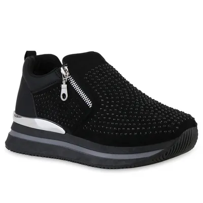 Produktbild von VAN HILL Damen Plateau Sneaker Strass Zipper Profil-Sohle Schuhe 841130, Farbe: Schwarz, Größe: 39