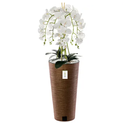 Immagine prodotto di Orchidea artificiale a cascata bianca in vaso marrone H 110 cm decorazione casa ufficio, pianta artificiale orchidea, fiore artificiale, orchidea artificiale in vaso