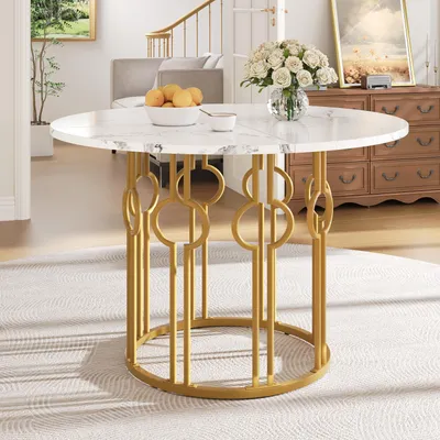 Produktbild von MODFU  Runder Küchentisch Esstisch mit goldene Beine,Tischbeine aus Metall,Tischbeine aus Metall,für Esszimmer, Wohnzimmer,Gold+weiß