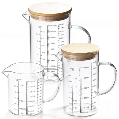 Zdjęcie produktu dla Szklane miarki zestaw 3 szt., 1 l, 500 ml i 350 ml, szkło borokrzemowe, z pokrywką, do kuchni