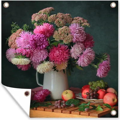Produktbild von MuchoWow® 50x50 cm Outdoor-Poster Gartendeko Sichtschutz Garten Poster für den Garten  Obst - Rosa - Stilleben