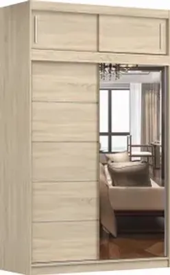 Produktbild von Wohnzimmerschrank mit zusätzlichem Stauraum, Kleiderschrank mit Spiegel Schwebetürenschrank 2-türig Schrank mit vielen Einlegeböden und Kleiderstange Gaderobe Schiebtüren Schlafzimmer - Kleiderschrank Lara 05 Sonoma
