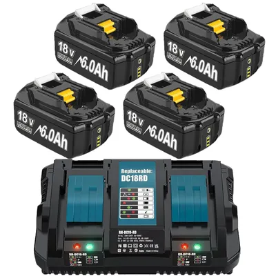 Immagine prodotto di Batteria di ricambio per Makita, 4 pezzi + 1 caricatore rapido, alta capacità 6,0 Ah Li-Ion, compatibile con BL1860/ BL1850/ BL1840B/ BL1830B