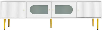 Produktbild von TV-Schrank TV-Unterschrank TV-Board Holzschrank Goldenen Beinen und Griffen 2 Türen mit Vertikalrillen und 2 Türen mit Bogenglas 170x35x50cm Weiß