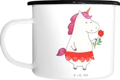 Produktbild von Mr. & Mrs. Panda Emaillierte Tasse Einhorn Dame - Weiß - Geschenk, Emailletasse, Trennung, Haferl, Pott, Bachelorette, Einhörner, Emaille, Freundin, Teetasse, XL, Deko