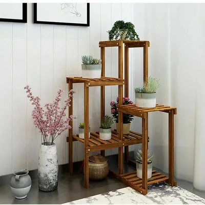 Image de Étagère à fleurs d'angle FATIVO à 6 niveaux en bois : étagère en escalier pour le balcon, le salon et le jardin, 60 × 60 × 100 cm