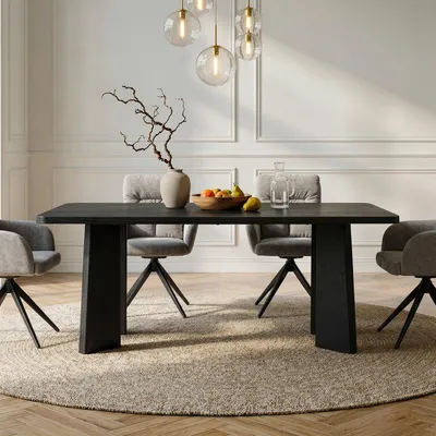 Produktbild von Esstisch OLISES 180 x 90 cm, Schwarz - Moderner Esszimmertisch mit markanten Designbeinen, rechteckiger Küchentisch aus MDF mit Eiche-Furnier, ideal für Essbereich und offene Wohnbereiche