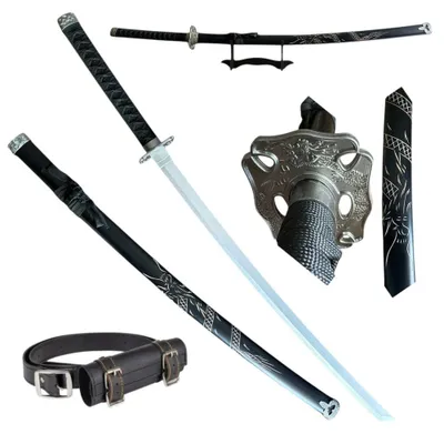 Zdjęcie produktu dla Dekoracyjna katana bambusowa, czarny smok, z pochwą i stojakiem, idealna do cosplayu, dekoracji w stylu anime i jako prezent. Model WD237