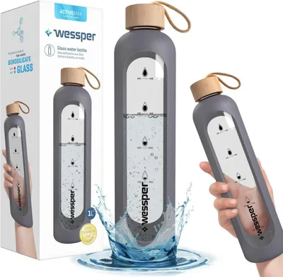 Produktbild von Wasserdichte 1L Wessper Glasflasche Mit Silikonhülle 1000Ml