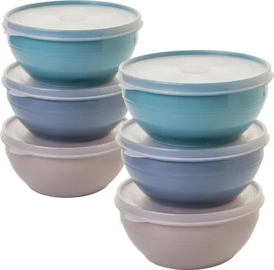 A stack of food storage containers in different colors.