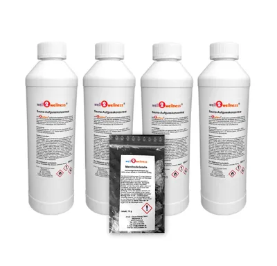 Produktbild von Saunaaufguss Set 4 x 500 ml freie Duftwahl plus 10g Mentholkristalle