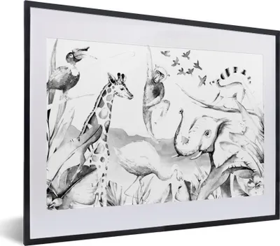 Produktbild von MuchoWow® Gerahmtes Poster Wasserfarben - Tiere - Dschungel - Jungen - Mädchen - Kinder - Kinder 40x30 cm - Poster mit Schwarzem Bilderrahmen Wandposter Rahmen Foto Bilder - Bilderrahmen - Poster im Rahmen