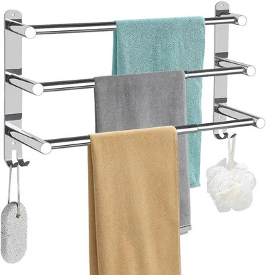 Produktbild von Ibenzoa® Selbstklebender Handtuchhalter ohne Bohren, ausziehbar 43–78 cm, Edelstahl, 3-lagig mit 2 Haken – Bad & Küche