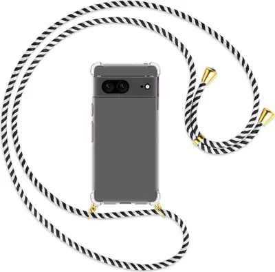 Produktbild von Handykette Backcover-Schutzhülle mit Band (Metall goldfarben) für Google Pixel 7 - schwarz/weiß gestreift