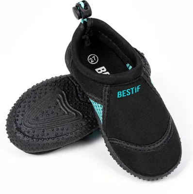 A pair of black and turquoise water shoes for children, shown on a white background.