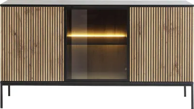 Produktbild von 3-türige Kommode mit LED-Beleuchtung aus MDF und Rauchglas - Schwarz und Natur - OVILA