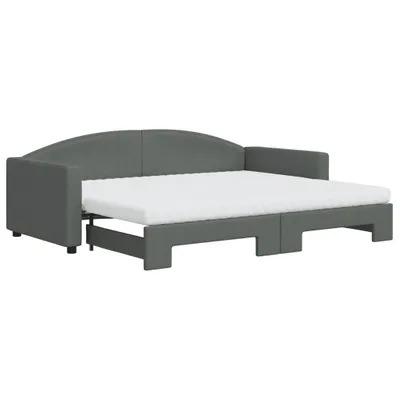 A dark gray fabric sofa bed with a white mattress is shown from a side-angle against a white background.