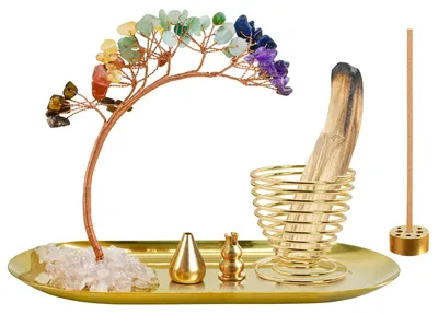 Productafbeelding van 5 in 1 Wierookhouder met 7 Chakra Kristallen en Messing Aschenbecher