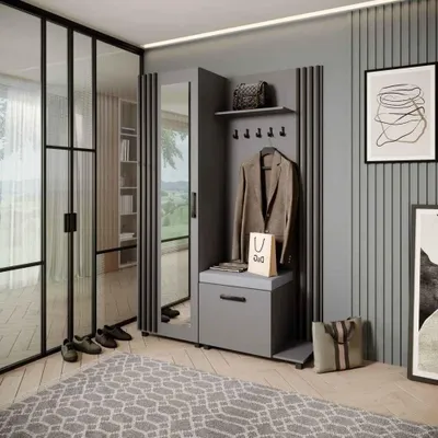 Image de Armoire LIVIA – Ensemble vestiaire avec miroir et cintres, graphite, lamelles noires, coussin d'assise gris, à droite