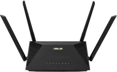 A black ASUS router with four antennas is shown against a white background.