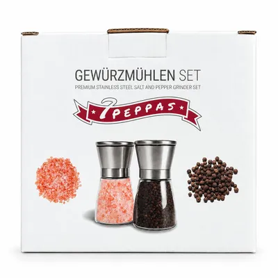 Produktbild von 7peppas Gewürzmühlen Set 2-teilig, Salz- & Pfeffermühle aus Glas mit Keramikmahlwerk, KI-generiertes Bild