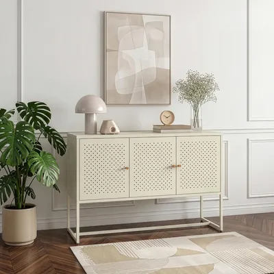Obrázok produktu pre Komoda „Viitasaari“ 120 x 40 x 80 cm s 3 dvierkami, oceľová, krémovo biela