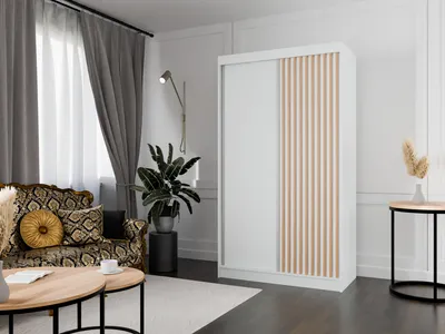 Produktbild von Kleiderschrank Lili mit Lamellen 120 cm inklusive 2 Schiebetüren Schwebetürenschrank Kleiderstange Garderobe Schrank Lieferung bis in die Wohnung (Farbe: weiß, weiß, Lamelle wotan)