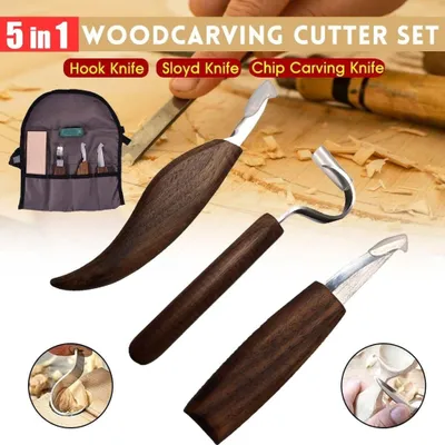 Produktbild von 5-in-1-Schnitzmesser Scimitar Gerades Messer Schnittfeste Handschuhe Schnitzholzlöffel Handschnitzmusterwerkzeug