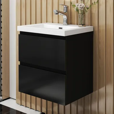 Produktbild von Badmöbel Set HUTI-Serie 50cm Rechteckiges Waschbecken mit Unterschrank Badezimmermöbel mit 2 Schubladen Hochglanz Schwarz Hängeschrank