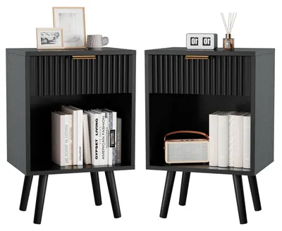 Nachttisch 2er Set, Beistelltisch mit Schublade, schwarz